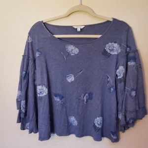 Lucky Brand Blue Floral Tiered Bell Sleeve Sparkle Top Medium M